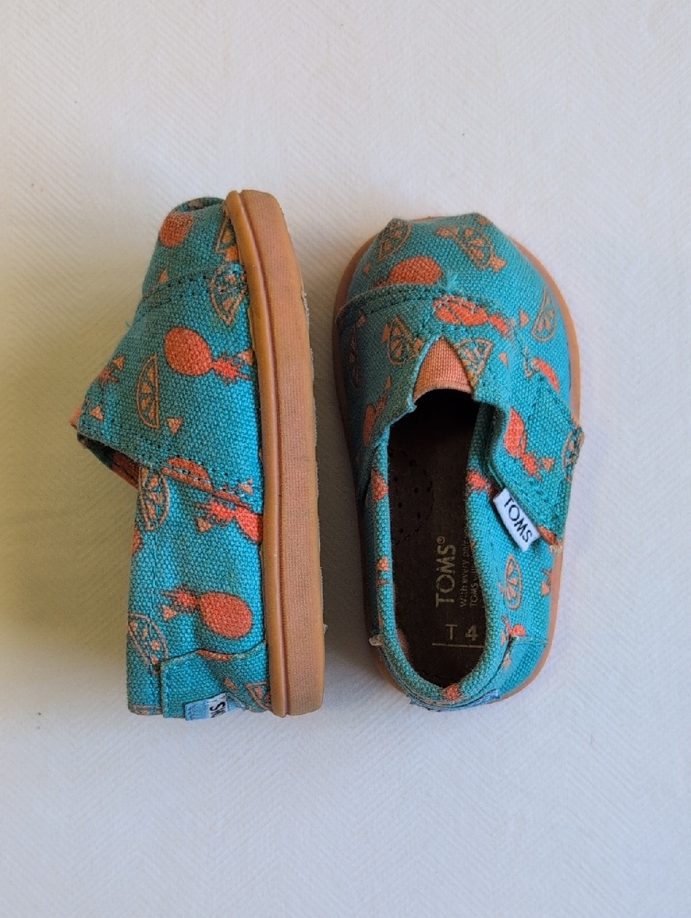 TOMS toddler canvas slip-on shoes teal orange fruit print size T4